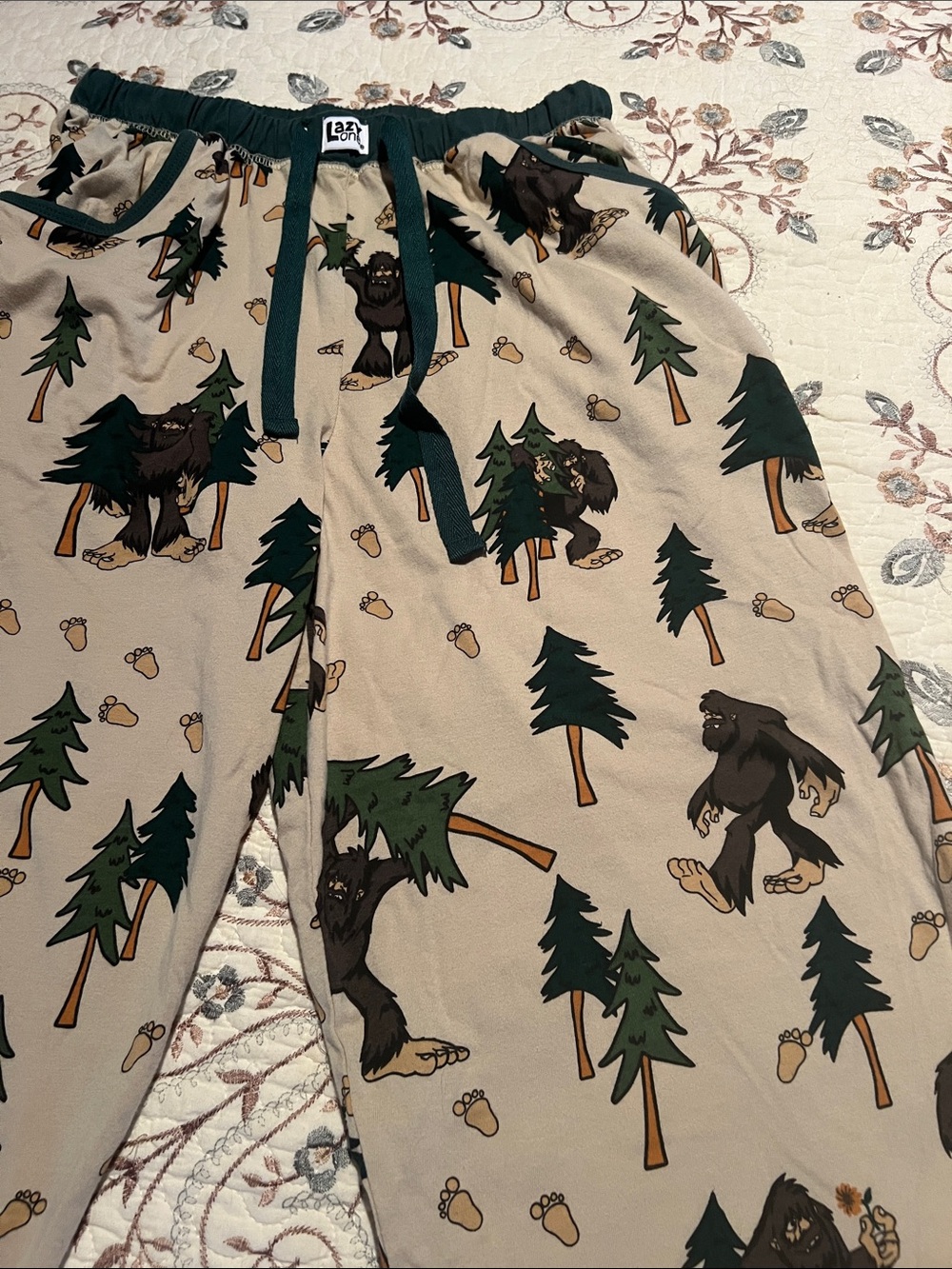 Lazy One Kids Bigfoot & Pine Tree Pajama Pants - Tan & Green